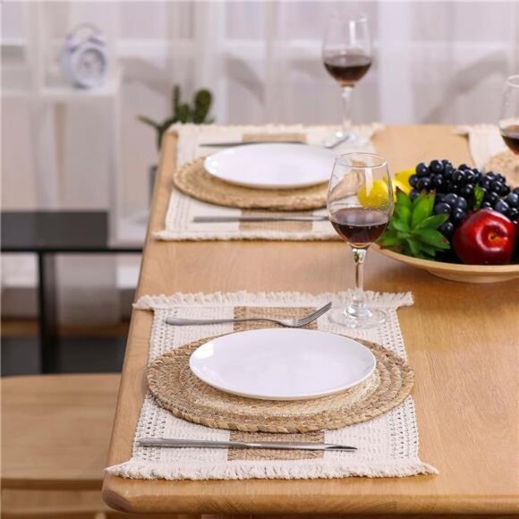 Handmade Boho Placemats Set of 4 - Natural Cotton Burlap and Water Straw Woven - Picture 6 of 7